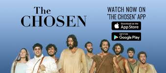 The Chosen app logo showing you how to download it and a picture of the stars of the show. This is one of the 5 must have apps for Christians.