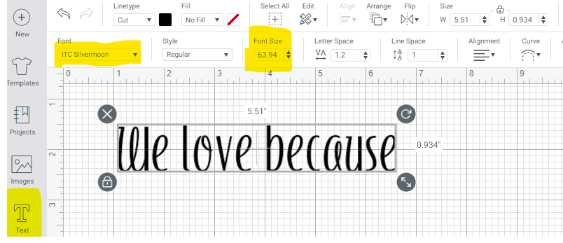 "we love because" text in Design Space for Valentine's DIY globe.