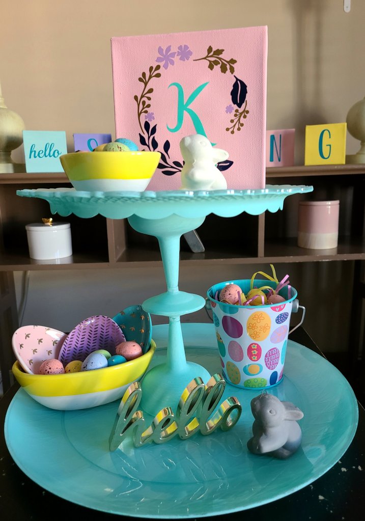 DIY two-tier tray styled with spring items.