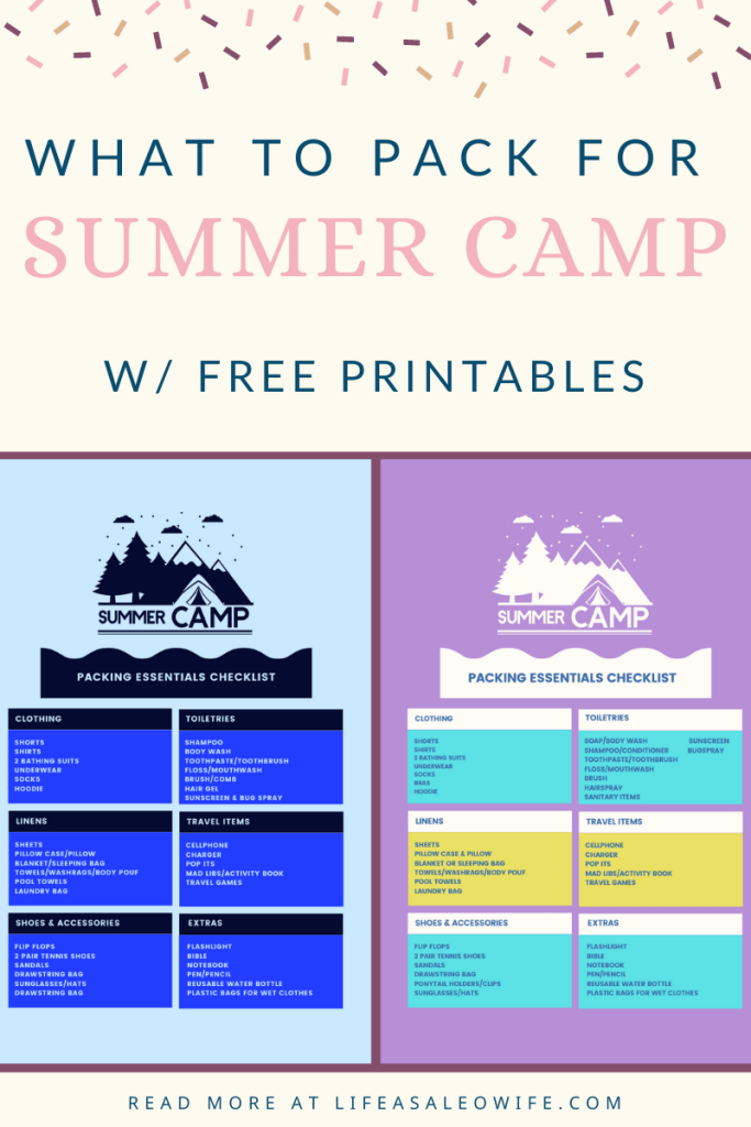 Collage of summer camp packing checklist free printables. One is for boys in different shades of blue, the other for girls in purple, yellow, and teal.