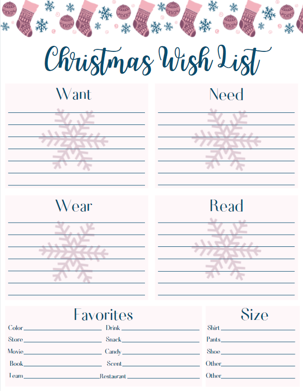 Free printable Christmas wish list in blue, pink, and mauve, with snowflakes.