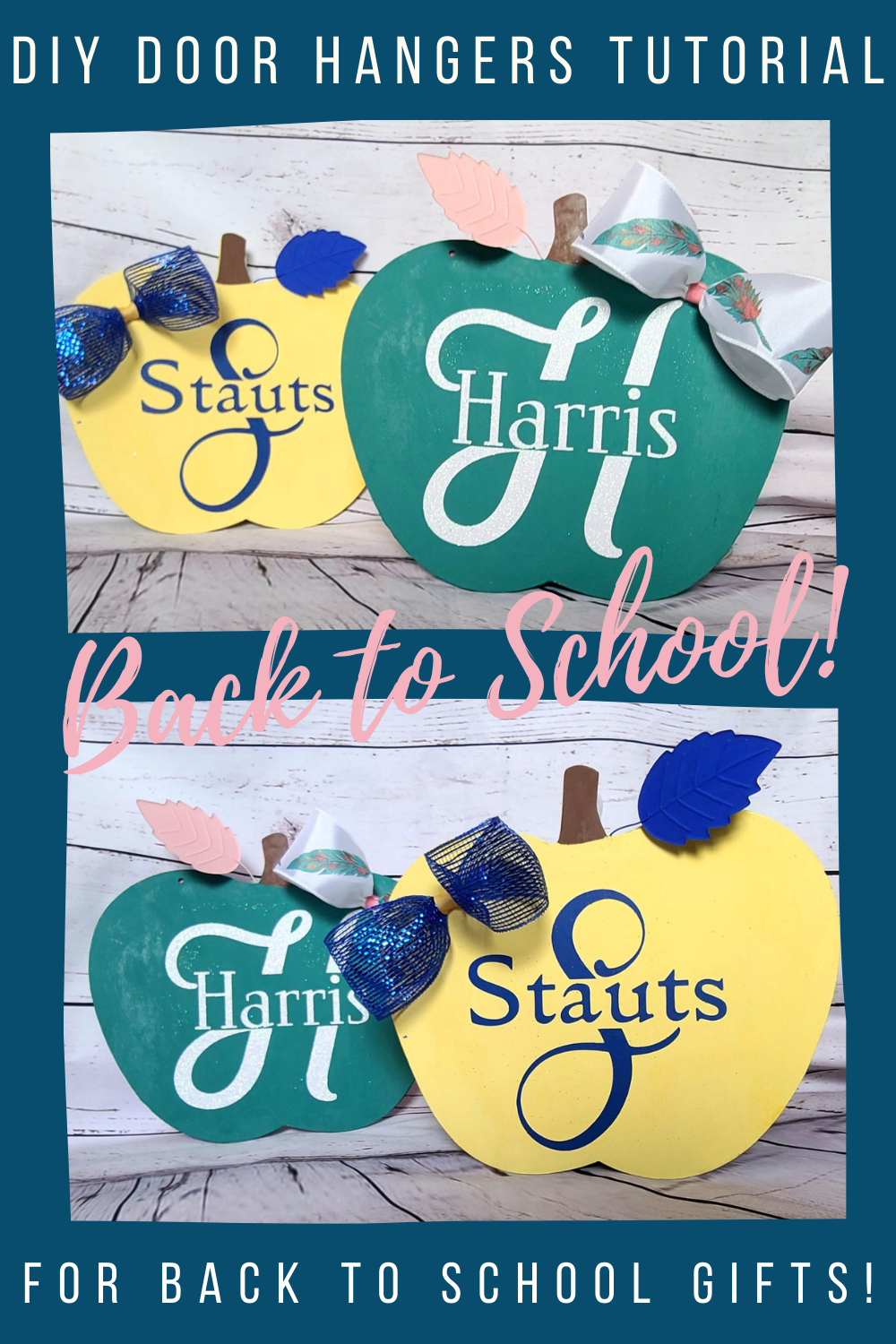 Back to school teacher's gifts, two apple shaped door hangers with a slit letter initial with the last name of the teachers inside the letter with two loop bows on the sides of the hanger.