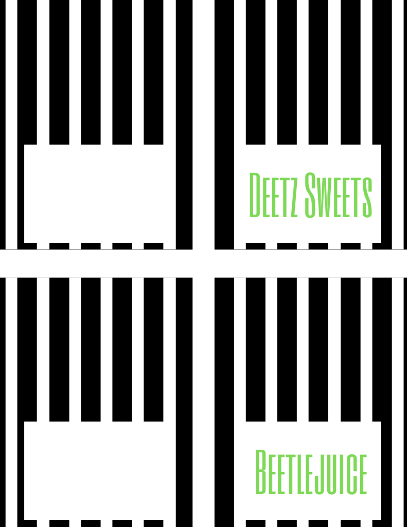 Beetlejuice free printables: food tent cards, one "Beetlejuice," one "Deetz sweets," and two blank.