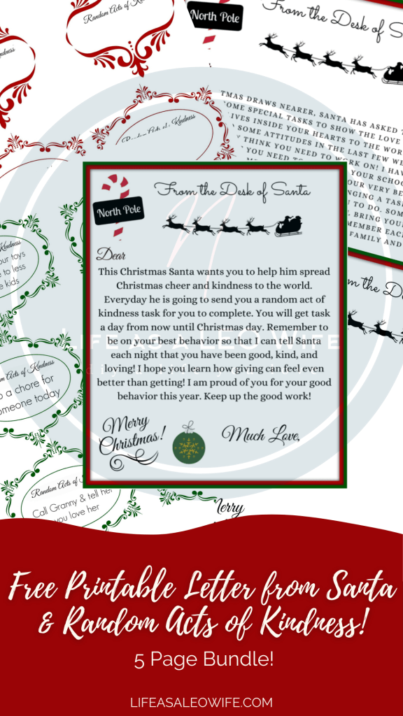 Blog graphic of a preview of the free Christmas printables, several options of the letter from Santa and the random acts of kindness tasks pages.