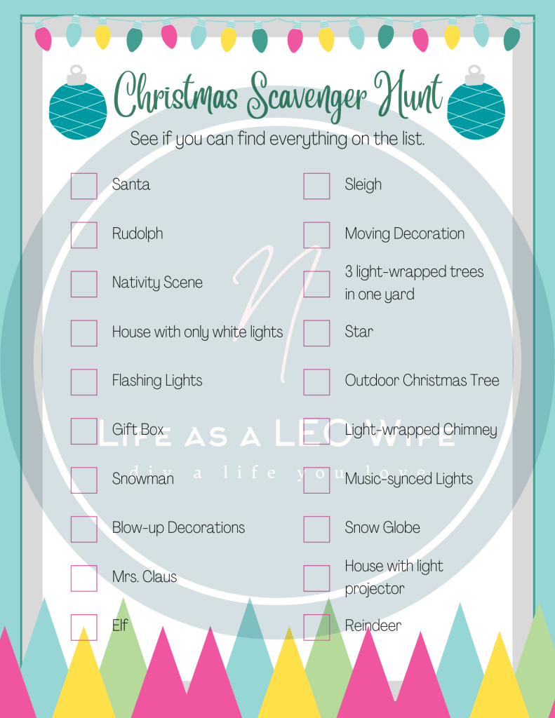 Christmas lights scavenger hunt free printable in pink and Tiffany blue.