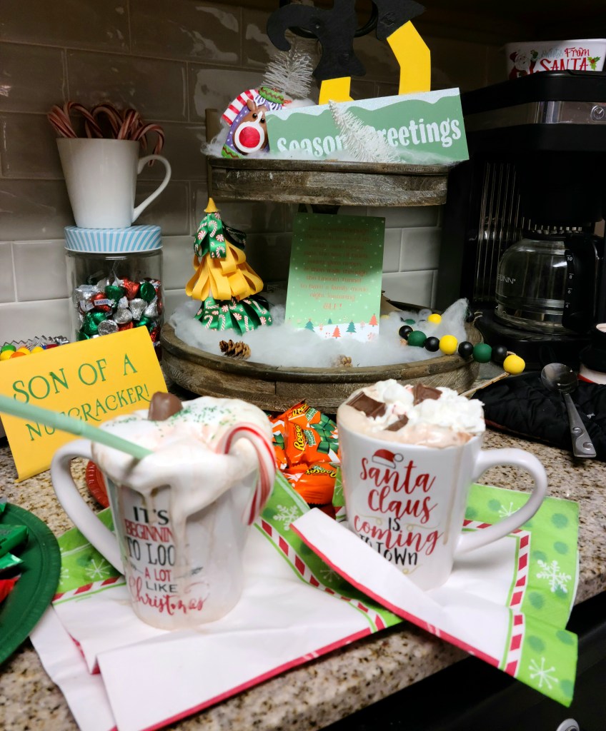 Our mugs of hot chocolate that we made for the hot chocolate contest on Elf family movie night.