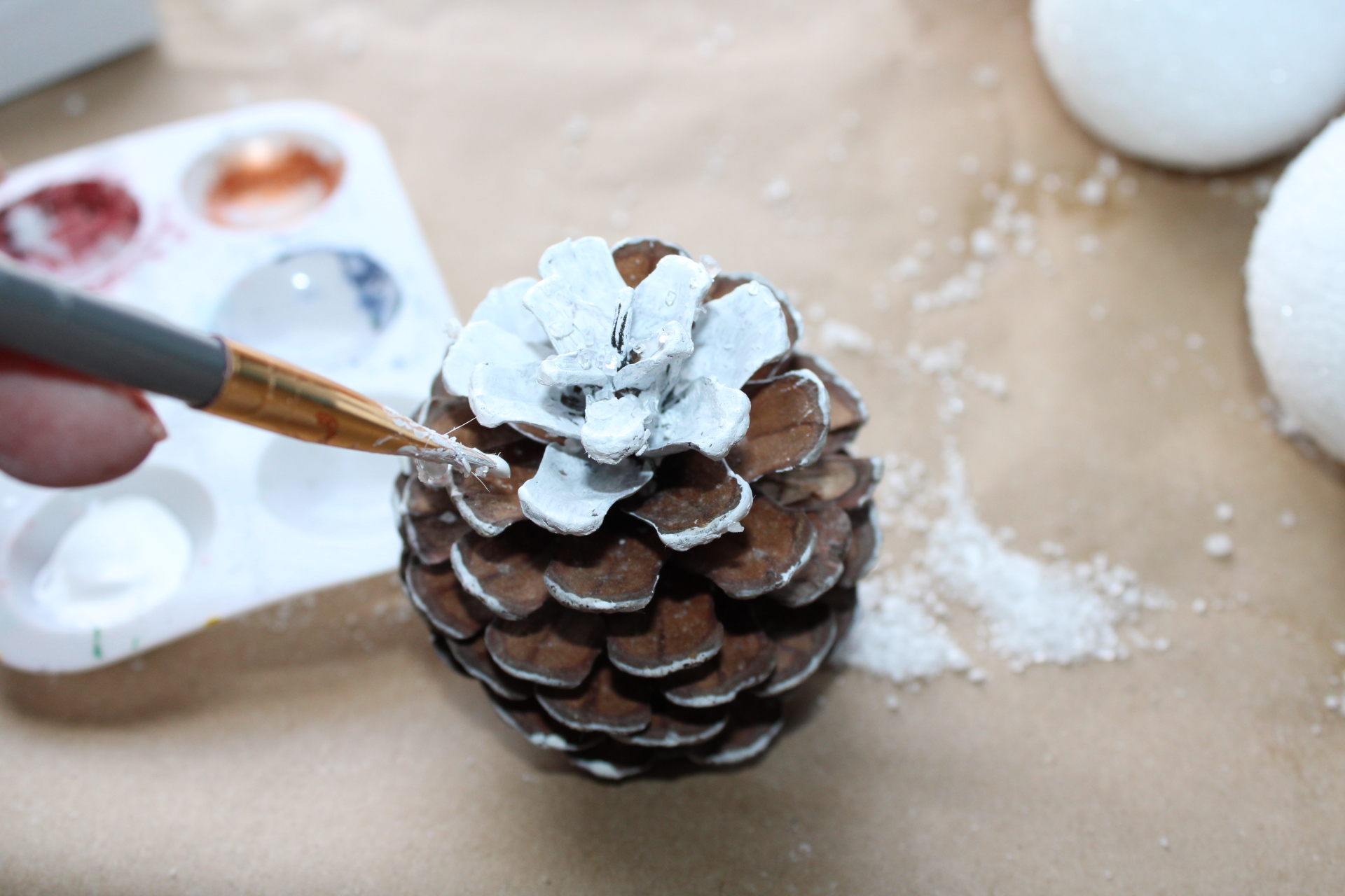 Using a paint brush to paint a small pinecone white. It will go in the DIY snowball centerpiece.