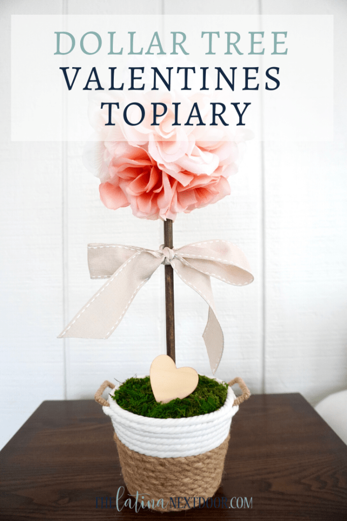 Dollar Tree Valentine's Day decor topiary with hearts and a rope covered pot.
