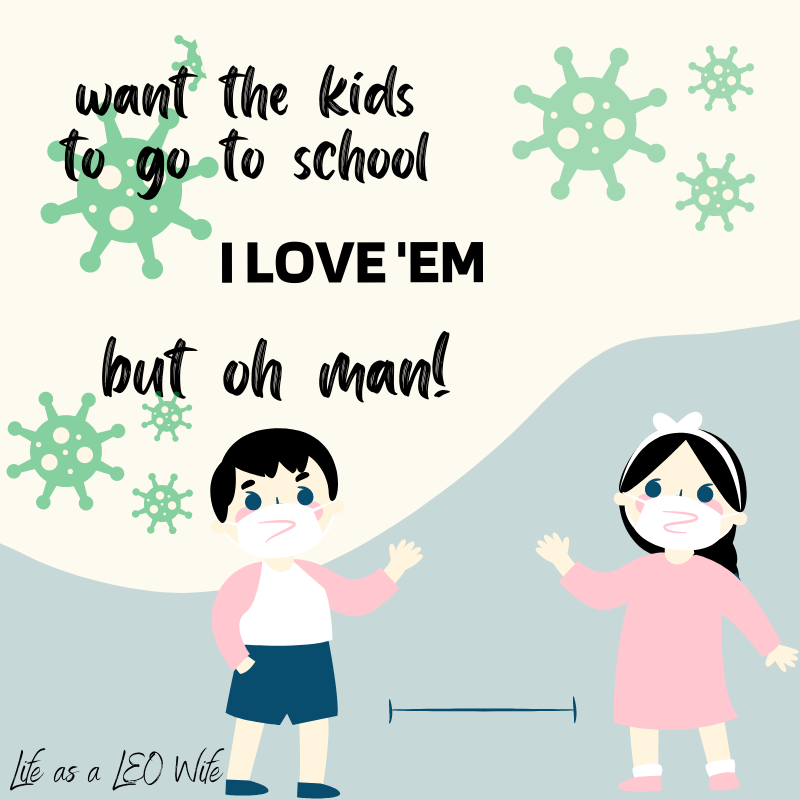 Blog Graphic for the mood boosting worship songs: Quarantine Life, quote "want the kids to go to school. I love 'em, but oh man!" with cartoon kids in masks and cartoon germs floating in the air.