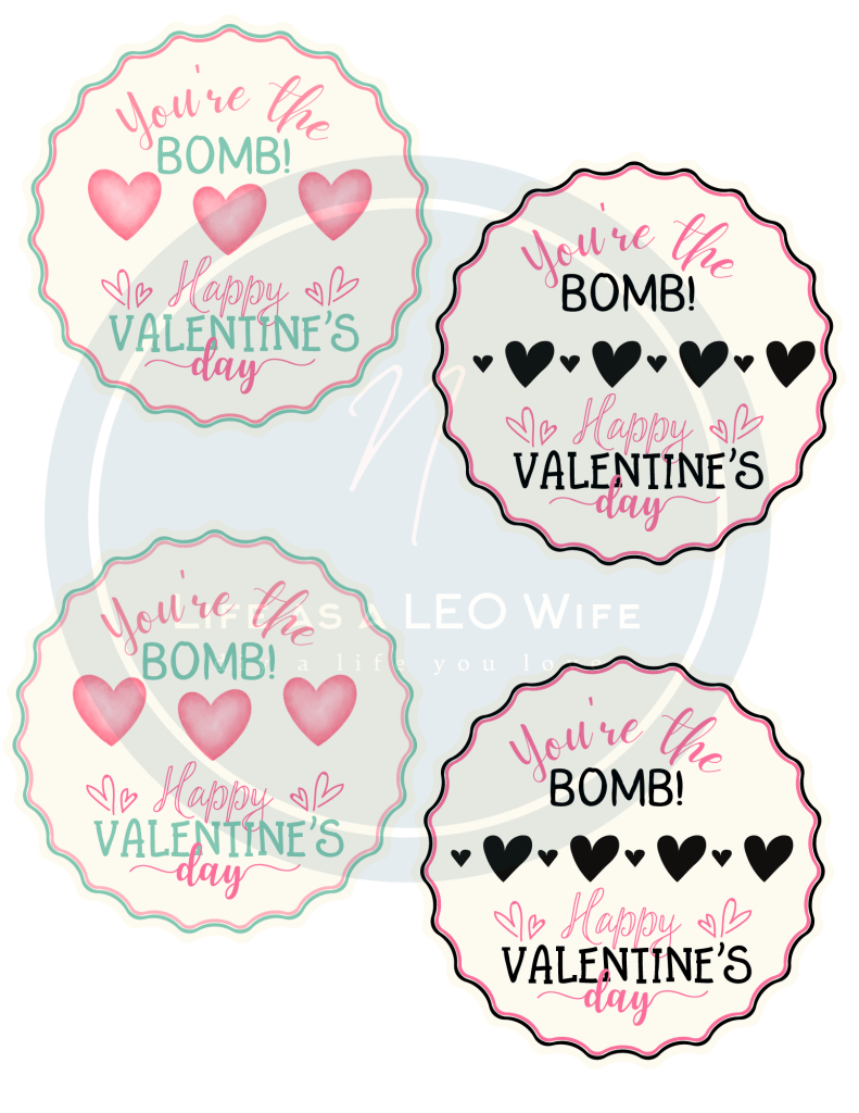 Valentine's Day teacher gift tags: a page of 4 tags. They all say "You're the BOMB! Happy Valentine's Day!" and two are black and pink and two are pink and turquoise with hearts and other embellishments.