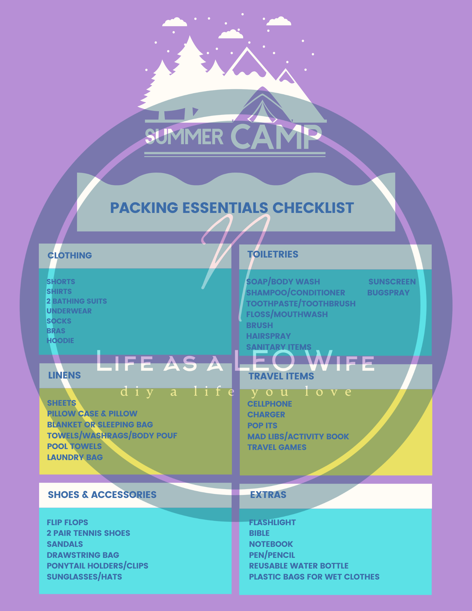 Summer camp checklist for girls with logo overlay
