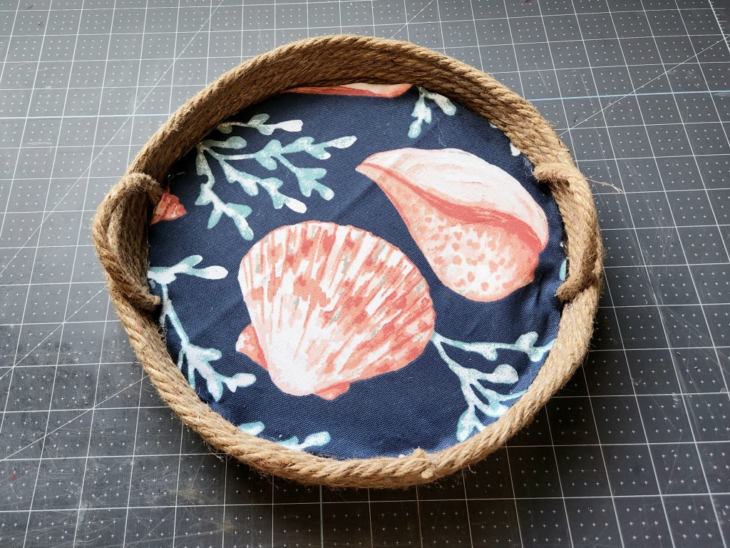 Coastal rope tray with the fabric placed inside.
