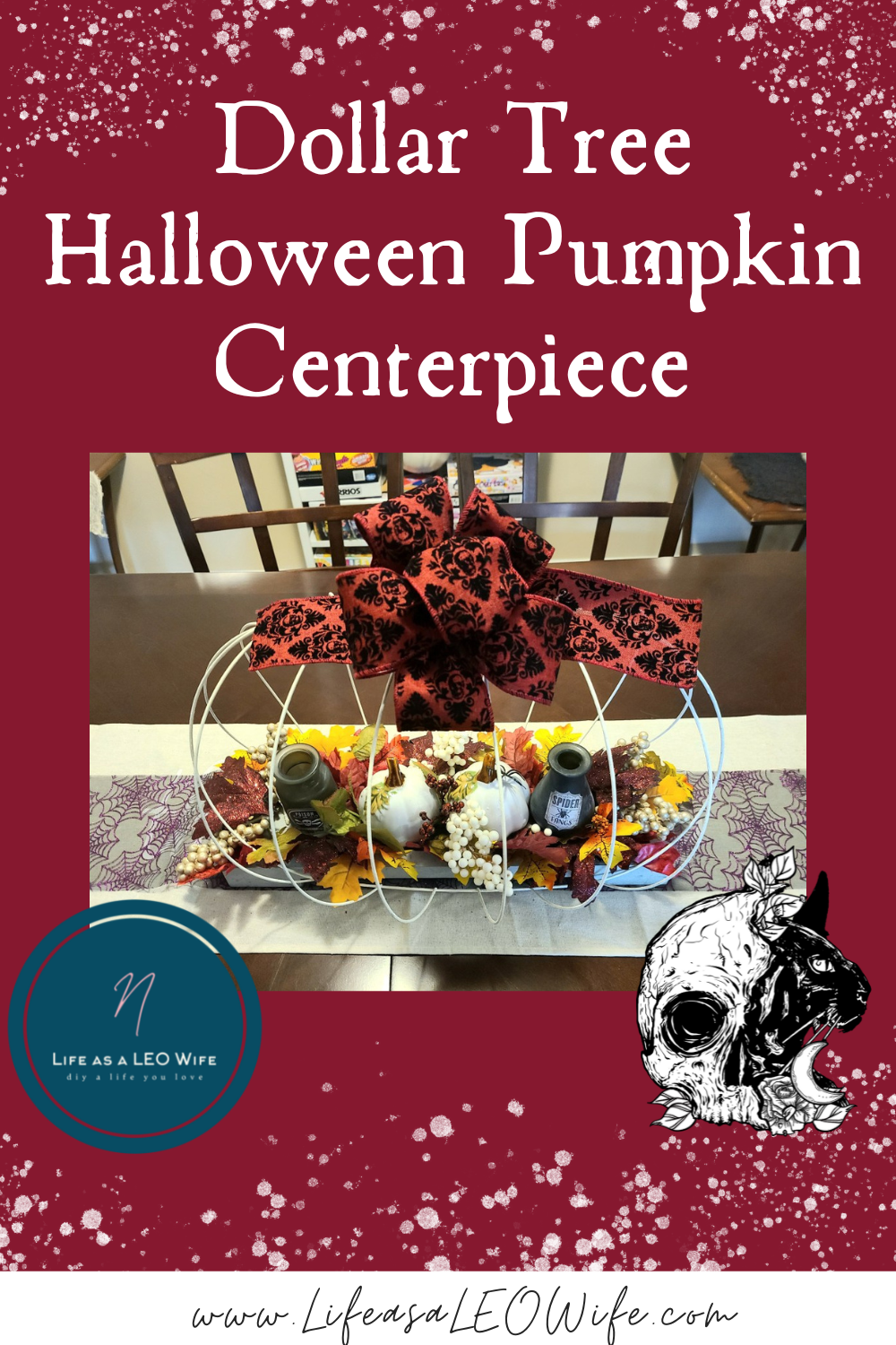 Halloween pumpkin wire wreath form centerpiece Pinterest image.