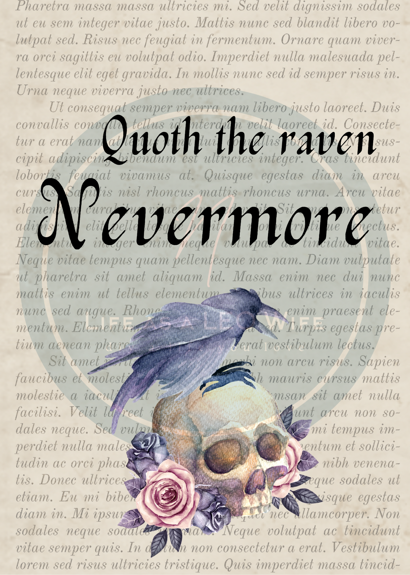 Free elegant Halloween printables preview of flowery skull with raven perched on top with "Quoth the raven nevermore" with logo overlay.