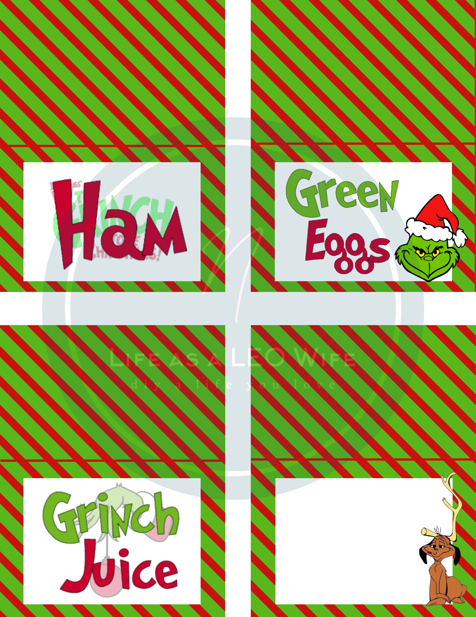 Food tent cards for a Grinch movie night with green eggs, ham, and Grinch juice on them.