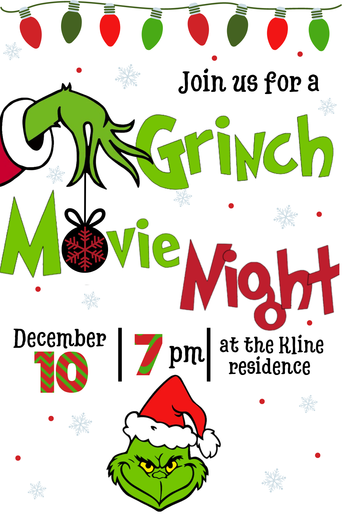 Grinch printable movie night invitation.