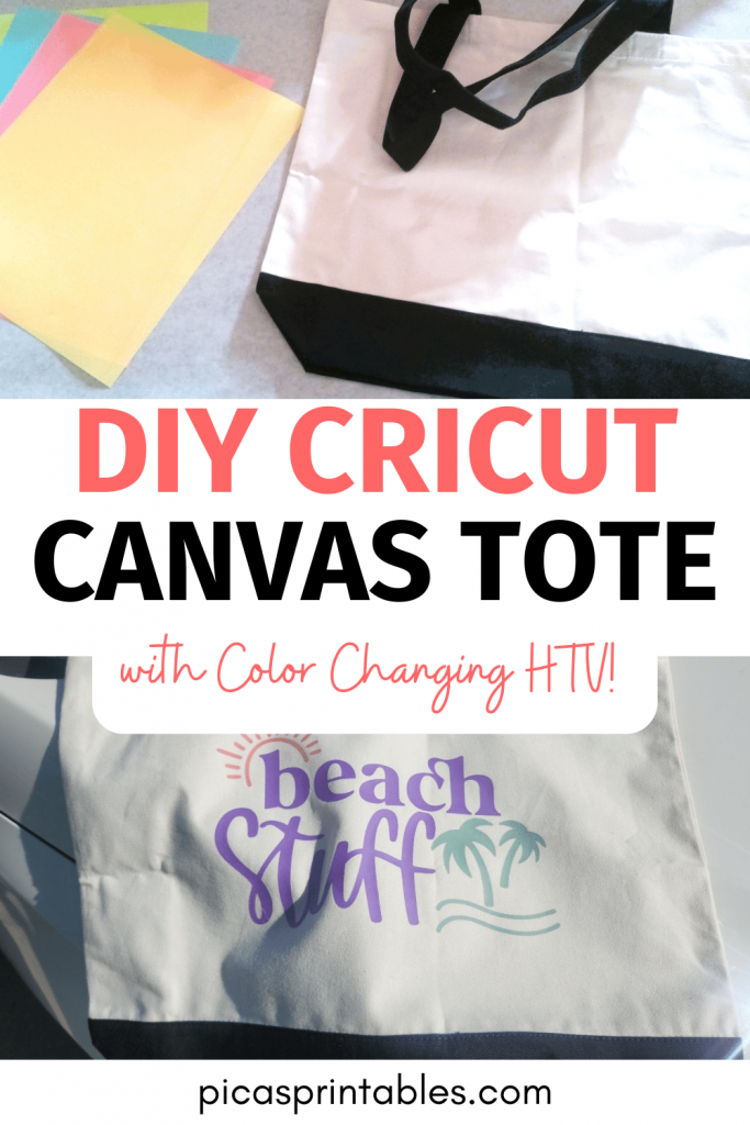 DIY Cricut tote bag made with color changing HTV pinnable image.
