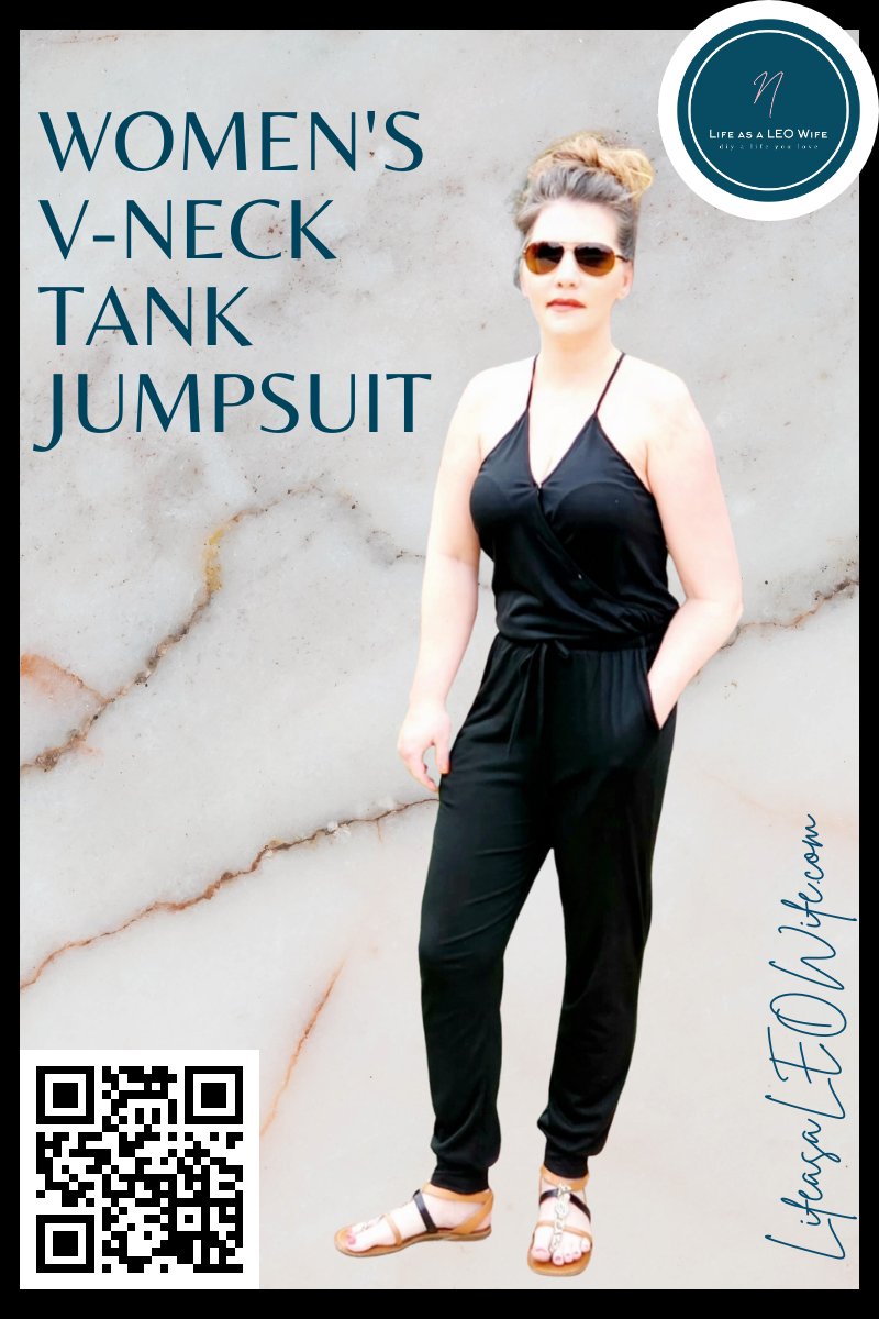 Black V-neck Amazon summer jumpsuit with a tie waist and cinched ankles.