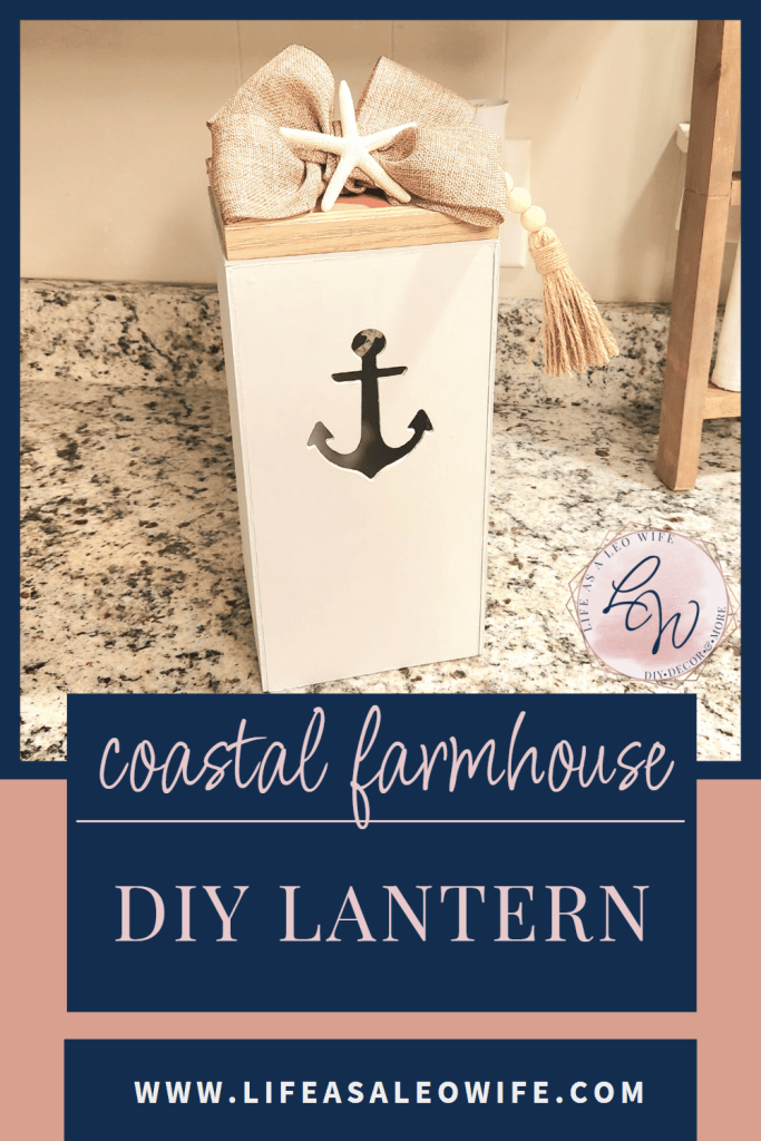 Coastal farmhouse lantern DIY Pinterest image.