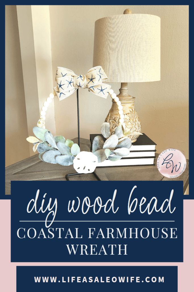 Coastal wood bead wreath Pinterest image.