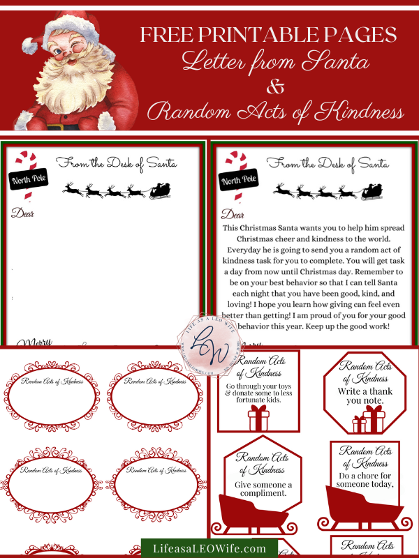 Letter to Santa and random acts of kindness printables Pinterest image.