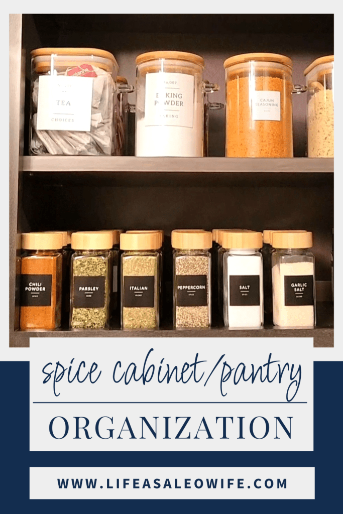 Spice cabinet or pantry organization Pinterest image.