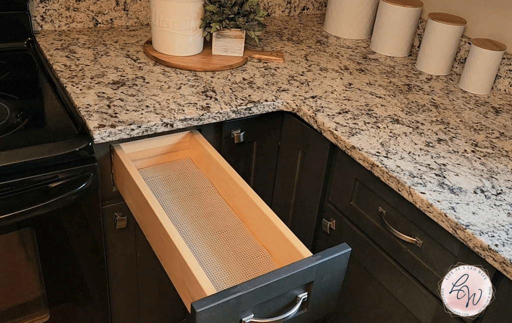 Drawer liner in cooking utensil drawer.