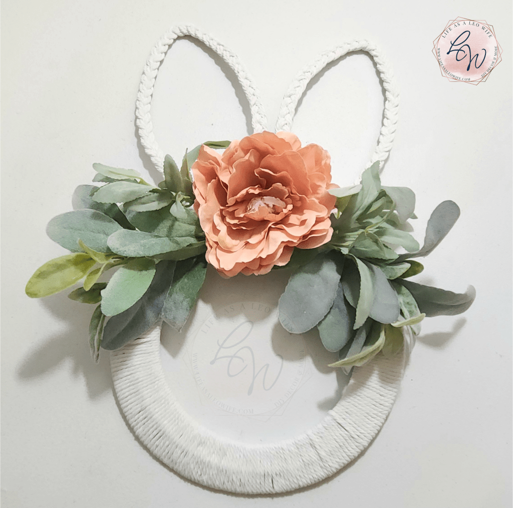 Finished bunny wreath with lamb's ear greenery & dusty pink dahlia in the center.
