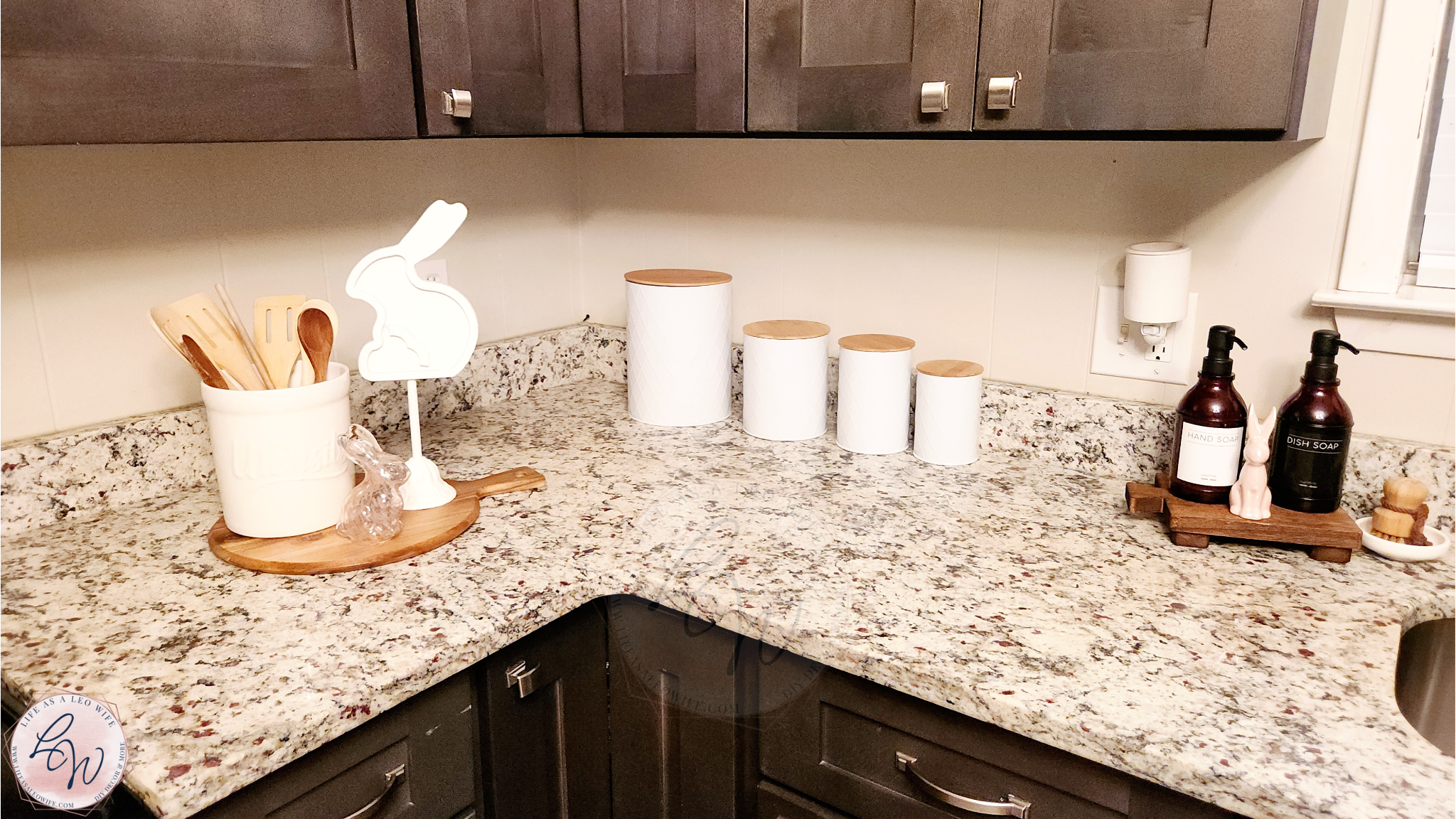 Corner kitchen countertops with Easter & spring decor on it.